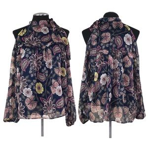 Libby Edelman - Sheer Tie Neck Floral Cold Shoulder Top
